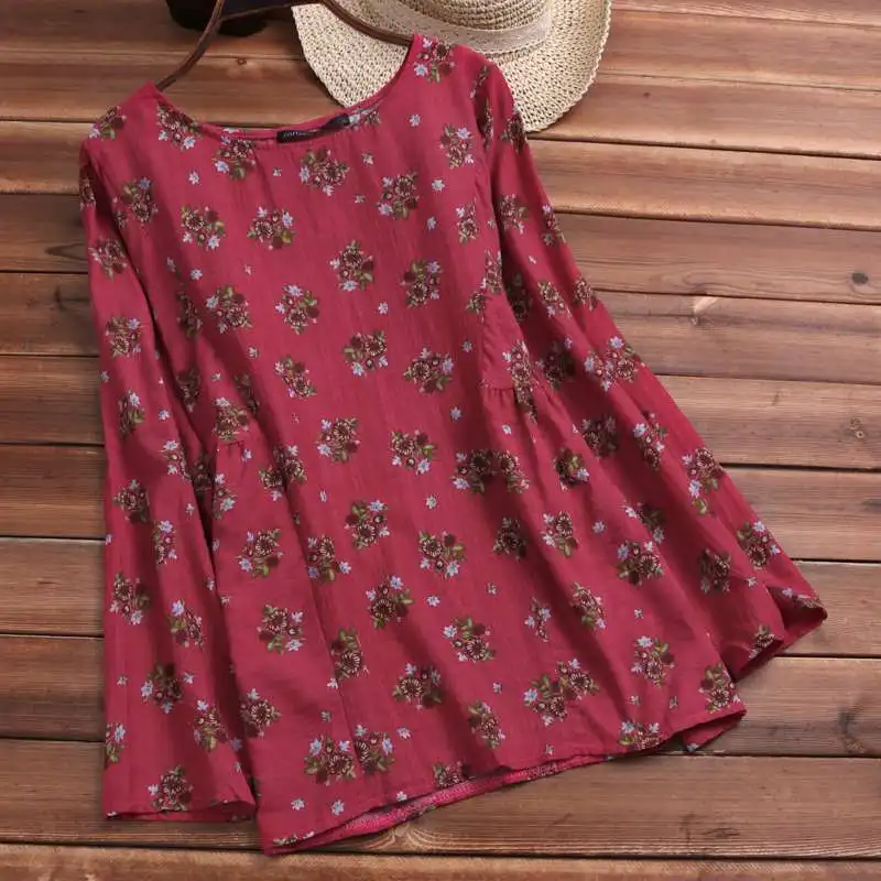 

ZANZEA 2022 Spring Vintage Floral Printed Blouse Women Cotton Linen Shirt Casual Long Sleeve Tunic Tops Chemise Femme Blusas
