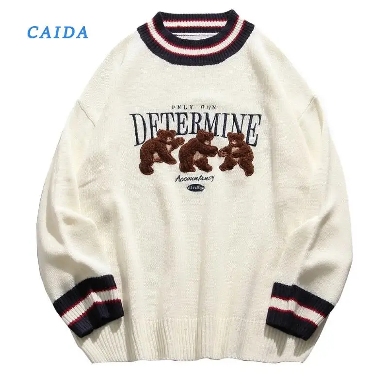 

CAIDA Bear Patchwork Striped Knitted Jumpers Sweaters Streetwear Hip Hop Harajuku Casual Pullover knitwear Mens Fashion Tops