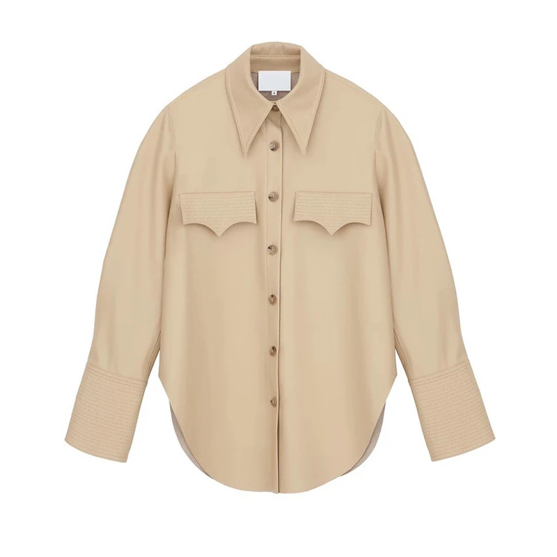 Женская кожаная блузка весна осень длинный рукав свободная рубашка Топы |