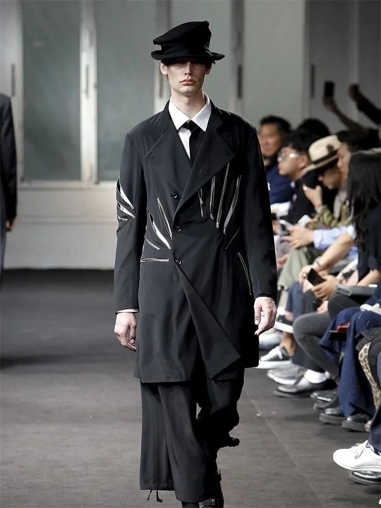 

Jacket Suit Men Stitching Blazer Catwalk Custom Zipper Hole Black Blazer Plus Size Stage Costumes For Singers 4xl Men's Clothing