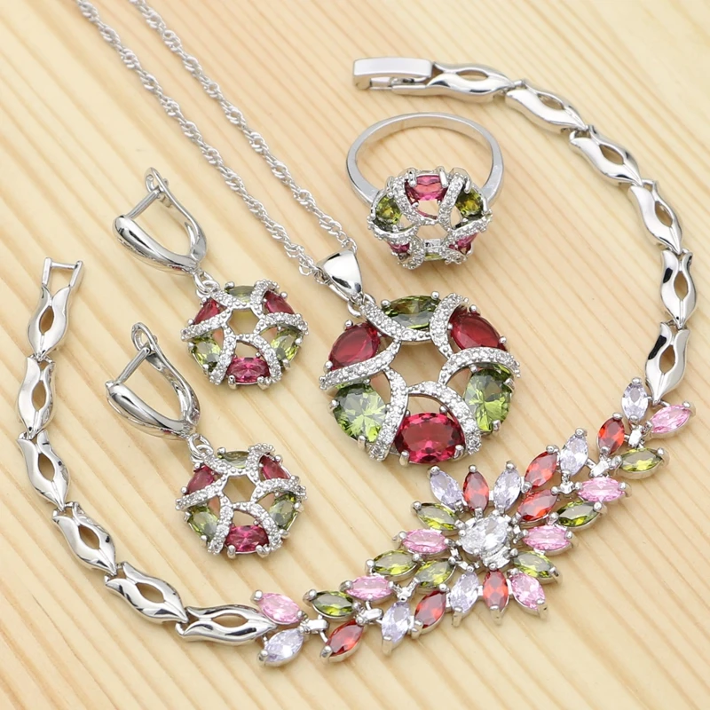 

Ladies 925 Sterling Silver Jewelry Sets Multicolor CZ White Crystal Ring Luxury Bracelet Necklace Pendant Earrings Set