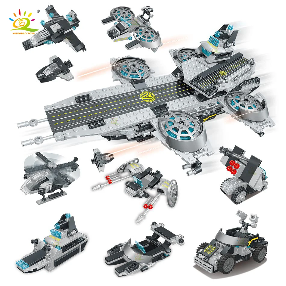 

HUIQIBAO 681Pcs Military Series Water Surface Patrol Ship Model Building Blocks City Soldier Weapons Bricks Toys For Children