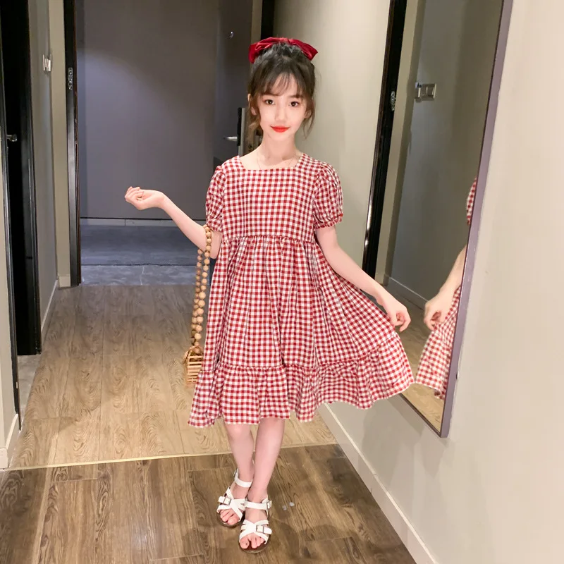 

Children Dresses Red Blue Cotton Blend Short Sleeve Kids Clothes Girls Dress Korean Plaid Casual Birthday Princess Summer Dress