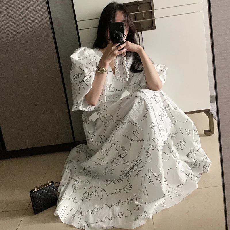 Платье фонарик с V образным вырезом средней длины|Женские платья| |