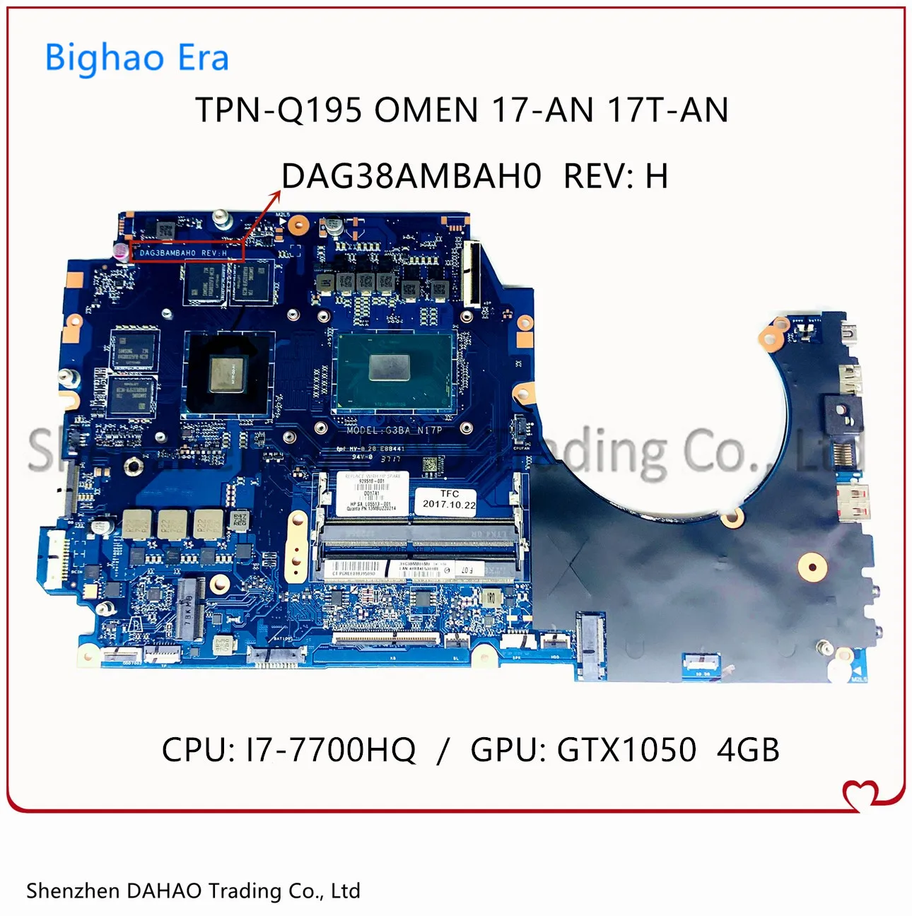 

For HP TPN-Q195 OMEN 17-AN 17T-AN Laptop Motherboard DAG3BAMBAH0 W/ i7-7700HQ GTX1050 4GB-GPU 100% Tested 929518-601 929518-001