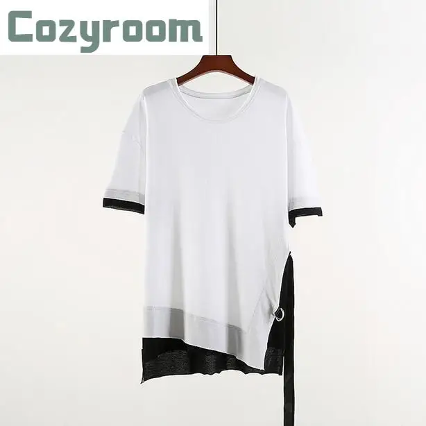 

HOT Summer new Men black and white stitching short-sleeved T-shirt thin blouse hip-hop street style t-shirt male tide Cotton Top