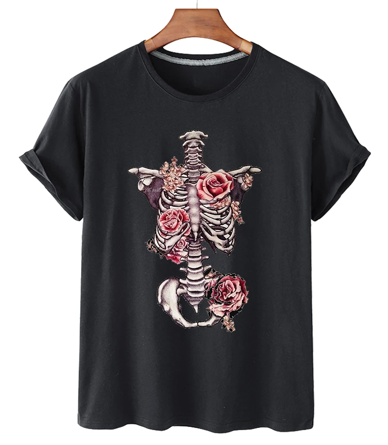 

100% Cotton Rose Print O-neck Loose Short-sleeved T-shirt Women 2021 Summer Casual Short-sleeved Plus Size T-shirt Unisex Top