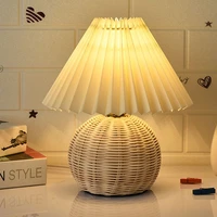 vintage rattan lamp table korean multi color pleated bedside retro lamp table for bedroom lamp living room with led bulb e27