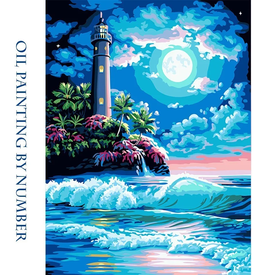 AZQSD масляная краска Маяк пейзаж краска по номерам Ночная морская краска Холст Картина DIY пейзаж Ручная Краска ed Современная K486