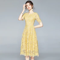 banulin 2021 fashion runway summer party dress womens shoort sleeve floral embroidery elegant hollow out lace midi dress