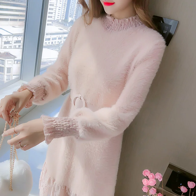 

Женский Зимний вязаный свитер свободного покроя, тонкое Норковое утолщенное платье с длинным рукавом и поясом, кружевное лоскутное ажурное...