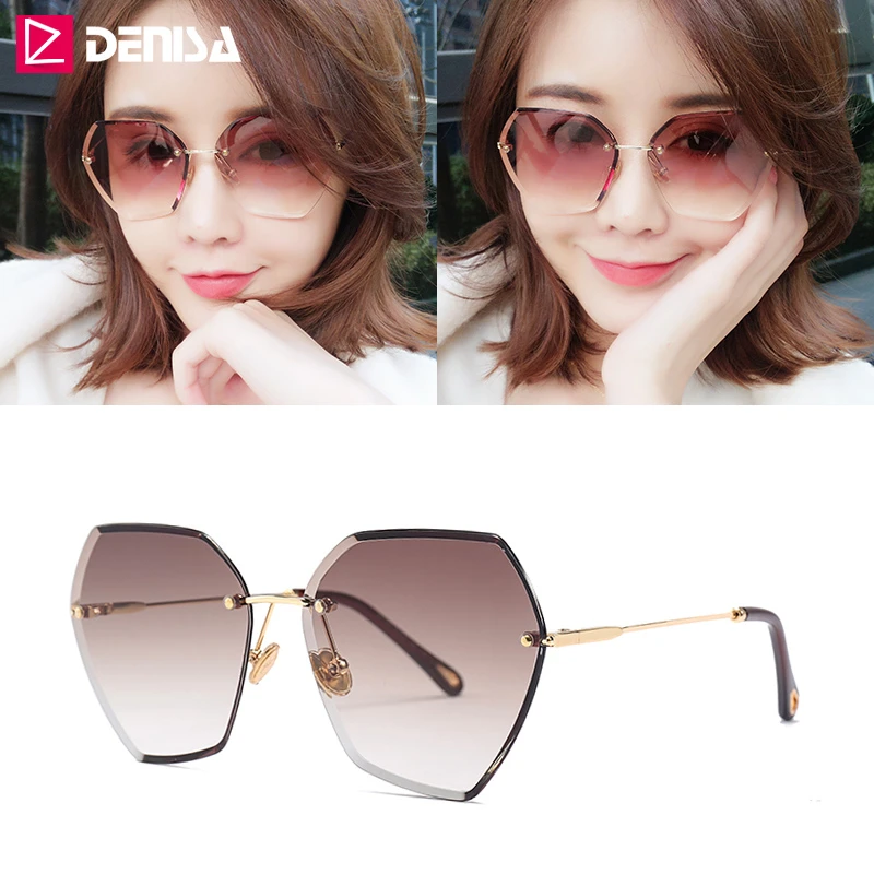 

DENISA Rimless Hexagon Sunglasses Shades For Women Cutting Lens Fashion Sunglasses Brand Woman UV Protection Sun Glasses G31258