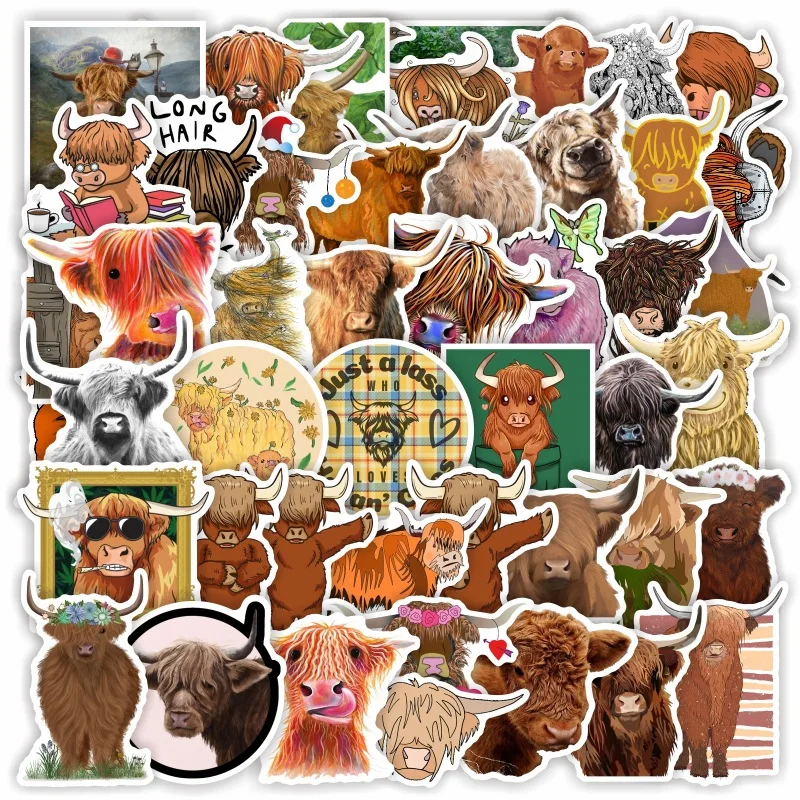 

50pcs Cute and funny Highland cattle Sticker kyloe stickers Highland Cow Sticker Graffiti Kids Toy Skateboard Sticker Decals