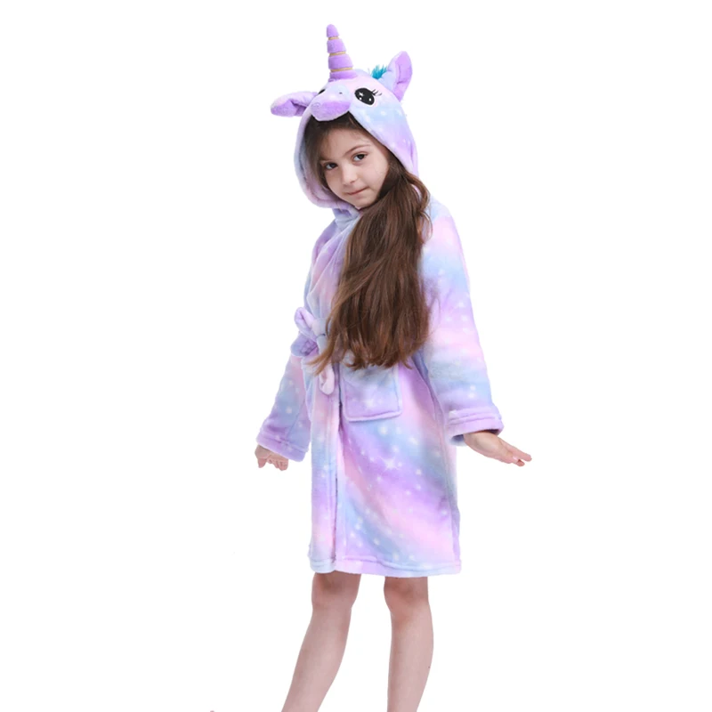 Purple stars unicorn Кигуруми Единорог детский банный Халат фланелевый детский банный халат для мальчиков и девочек одежда для сна зимние банные халаты детские пижамы Животные Детская одежда - Цвет: Purple stars unicorn