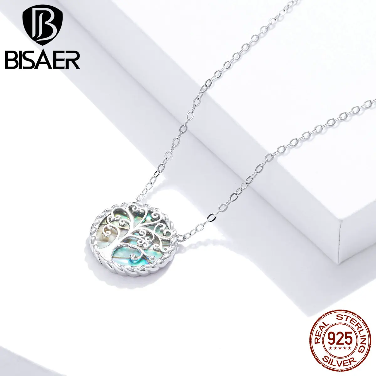 

BISAER 100% 925 Sterling Silver Tree of Life Necklaces Pendants for Women Round Shapes Link Chain Fine Jewelry Gift ECN433
