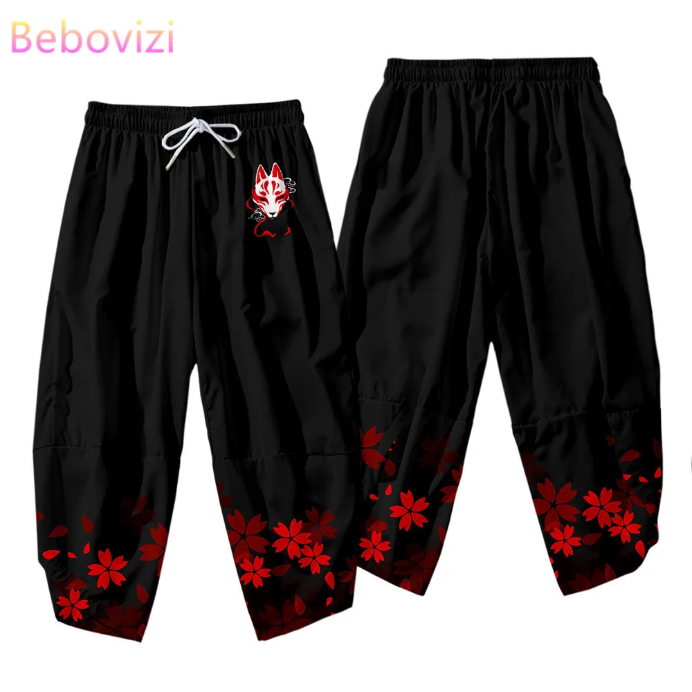 Комплект из брюк и кимоно с принтом Черной Лисы в японском стиле для мужчин