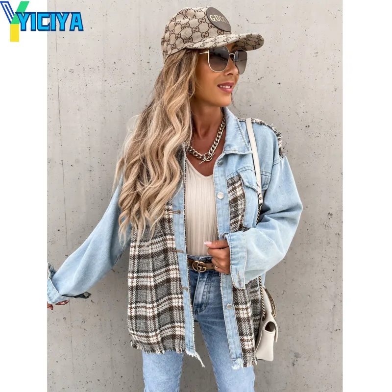 

Street Lady Jean Tops Outwear Vintage Patchwork Plaid Denim Jackets Casual Turn-down Jeans Collar Button Women Coats Veste Femme