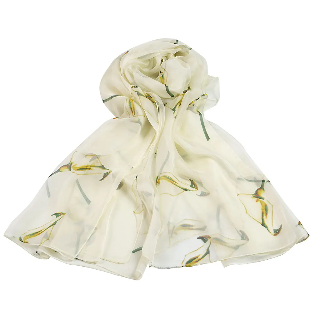 Шарф женский из 100% чистого шелка длинная шаль с цветком натурального подарок для