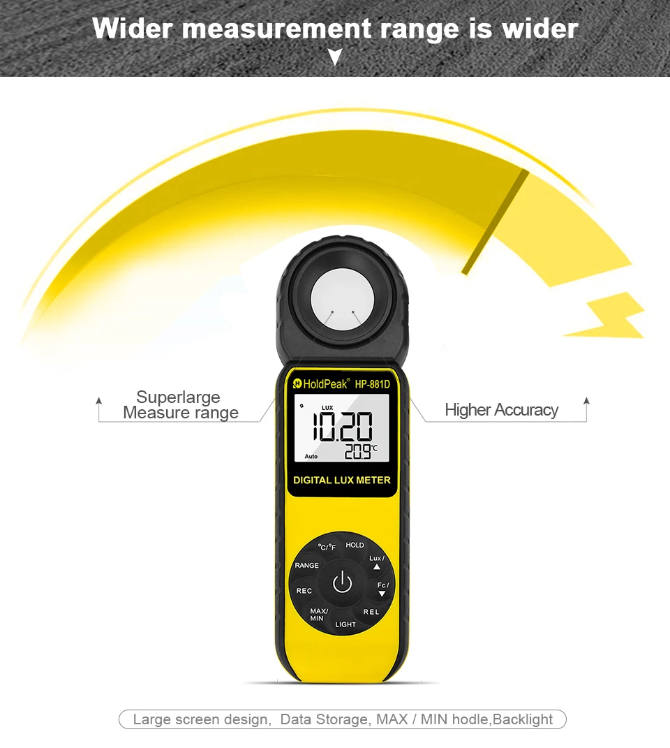 HoldPeak HP-881D, цифровой люксовый метр 4000000 Люкс/FC выбор, Высокоточный Цифровой Люксметр, ручной осветительный прибор