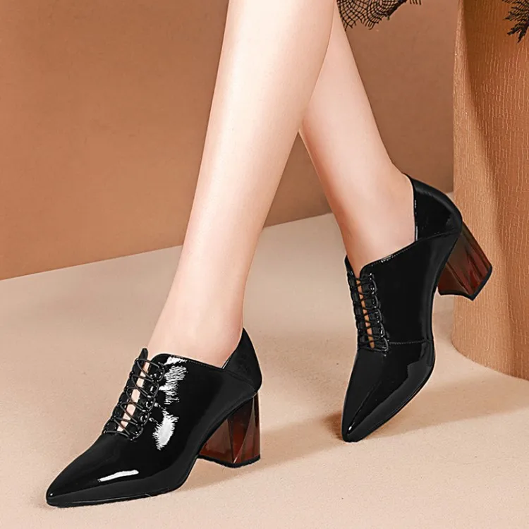 

Dilalula 2021 Luxury Genuine Patent Cow Leather Pumps Women Autumn Spring high Square Heels Ladies Office Leather Shoes size 42