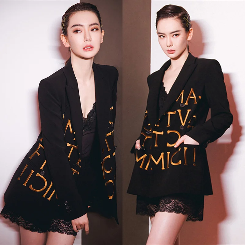 

Letter Embroidery Women Fashion Blazer Jacket Long Black Thick Chic Runway Show Cool Coat Fall