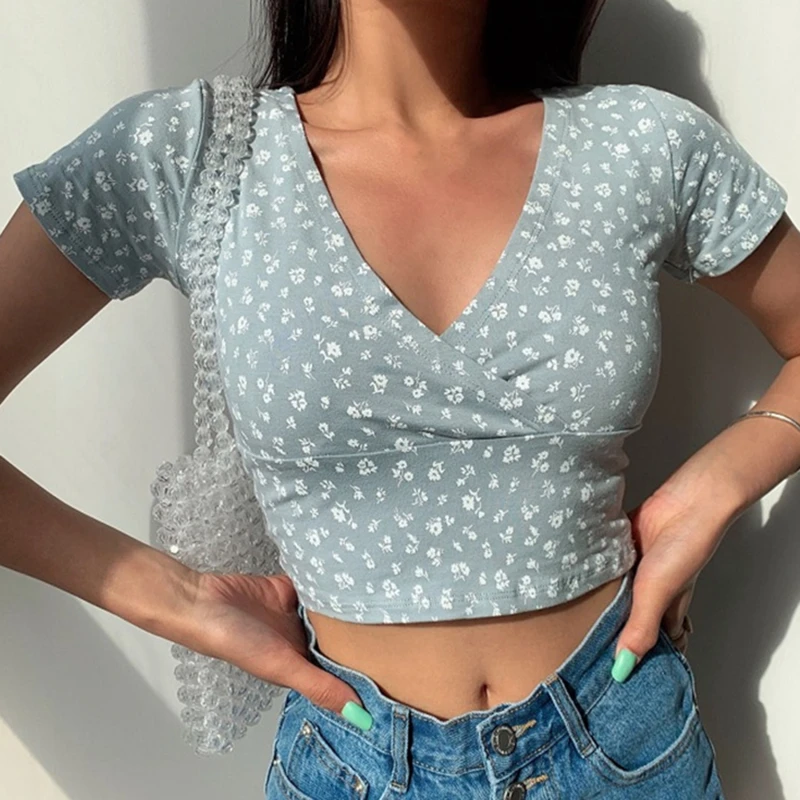 

V Neck Vintage Short Sleeve Women Crop Top Blue Flower Print Cross Pleated T-shirt Casual High Waist Female Tee Shirt Slim Tops