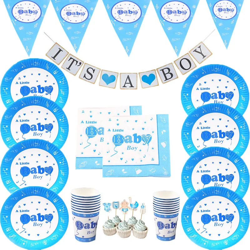 Новорожденный ребенок 1st День рождения голубых тонах одноразовые столовые