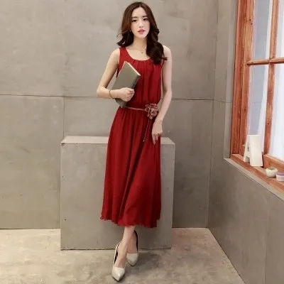 

2021 Summer Korean Sleeveless Women's Dress Elegant Vest Red Clothes Elastic Waist Casual Dresses Woman