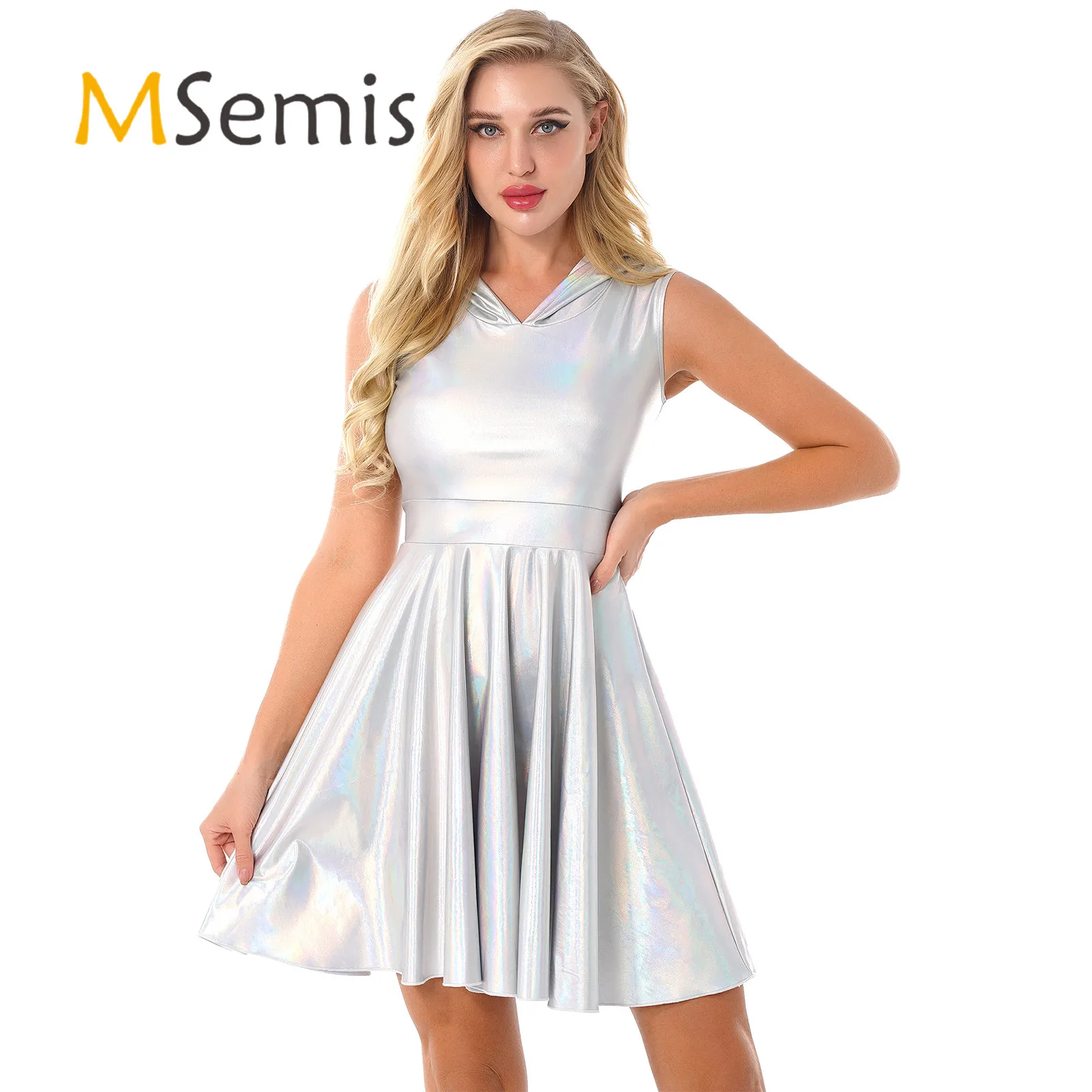 

Silver Womens Shiny Metallic Cosplay Lingerie Clubwear Dress Fabric Hooded Hoodie Sleeveless Pleated Modern Dance Dress