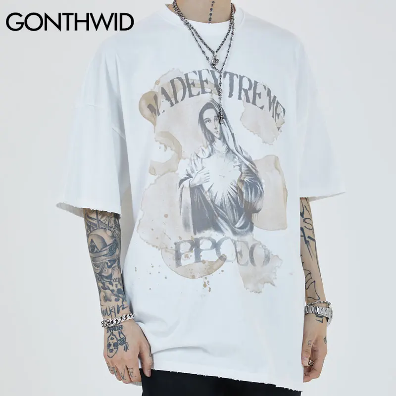 GONTHWID Oversized Tshirts Distressed Virgin Mary Print Tshirts Streetwear Hip Hop Harajuku Hipster Cotton Loose T-Shirt Tops