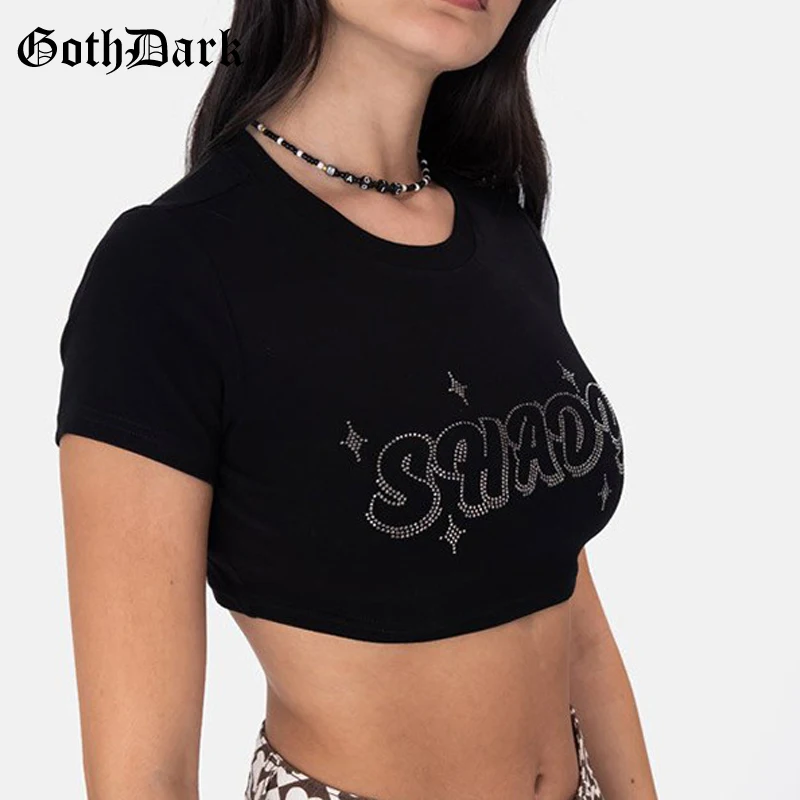 

Goth Dark 2000s Aesthetic Rhinestone T-shirts E-Girl Y2k Cute Black Summer Cropped Tops Gothic Women Skinny Basic Short T-shirt