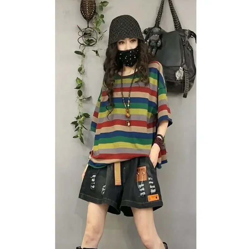 

100% Cotton Short-sleeved T-shirt Women's European Station Hot-selling Summer 2021 New Trend Color Loose Large Size Striped Top