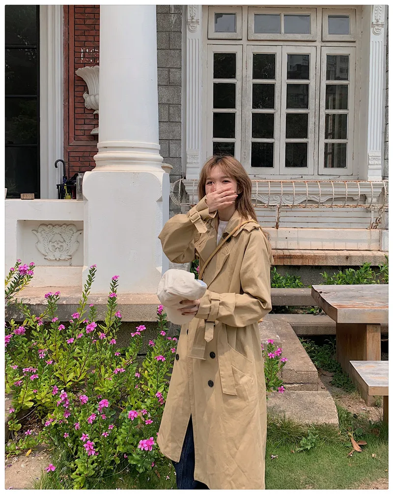 

New Fashion 2020 Fall /Autumn Casual Double Breasted Simple Classic Long Trench Coat With Belt Chic Female Windbreaker
