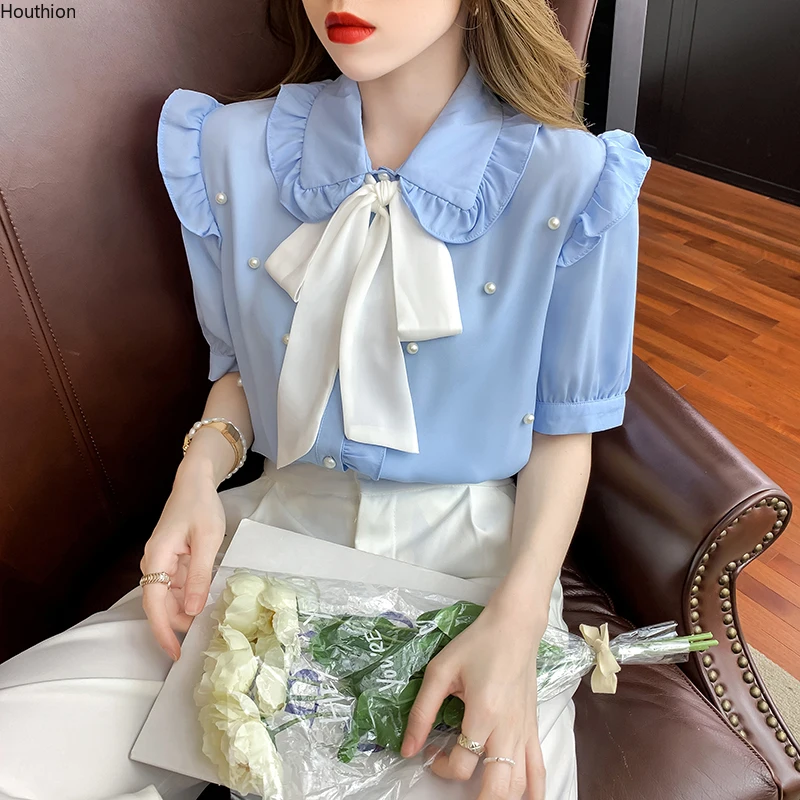 

Women's Blouses Short Sleeve Tops Fashion Top Doll Collar Shirts Casual Solid Color Shirt Chiffon Loose Summer Houthion