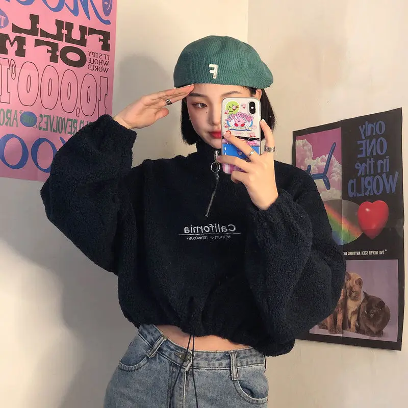 

Women Hoodies Sweatshirts Turtleneck Zipper Letter Embroidery Plush Top Sweater for Women