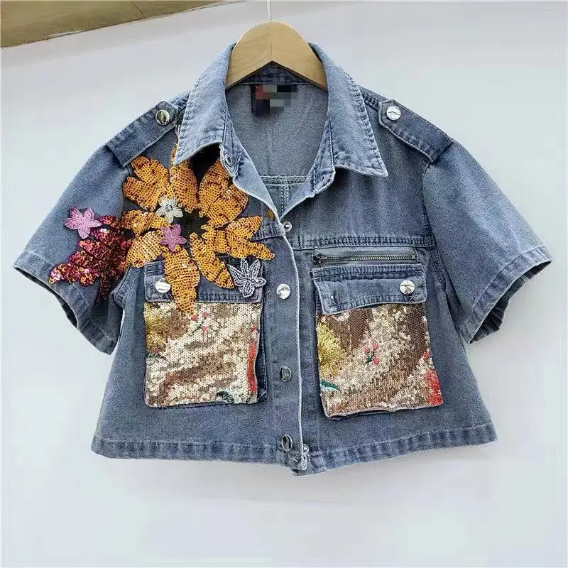 

2021 Tide Brand New Women's Summer Design Sense Niche Heavy Industry Stitching Jeans Suit Short-Sleeved Denim Jacket Two-Piece
