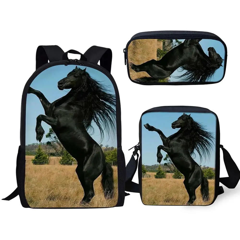 HALYUNASC 3PCs/Set Children's School Backpack Friesian Pattern School Bags Beautiful Horse Design Teenagers Book-Bags Set