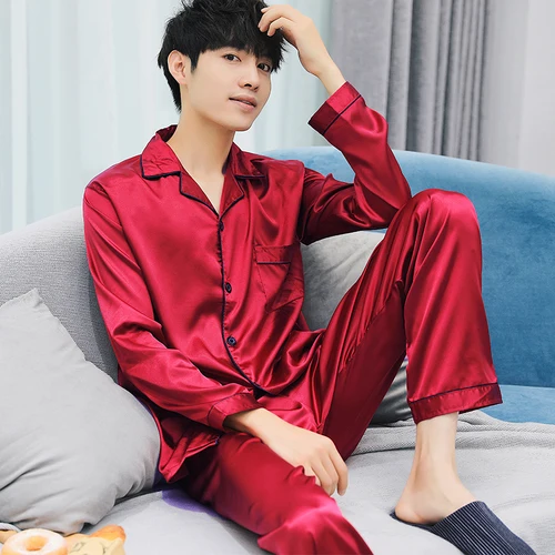 Sexy satin couple pajamas set Silk Pajamas For Women and men Lovers long sleeved autumn Pyjamas Sleepwear Sets Pijama Mujer - Цвет: 8106hong