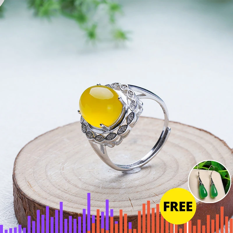 Jadery 925 Серебряное кольцо желтый халцедон открытое нефритовое CZ цветок циркон