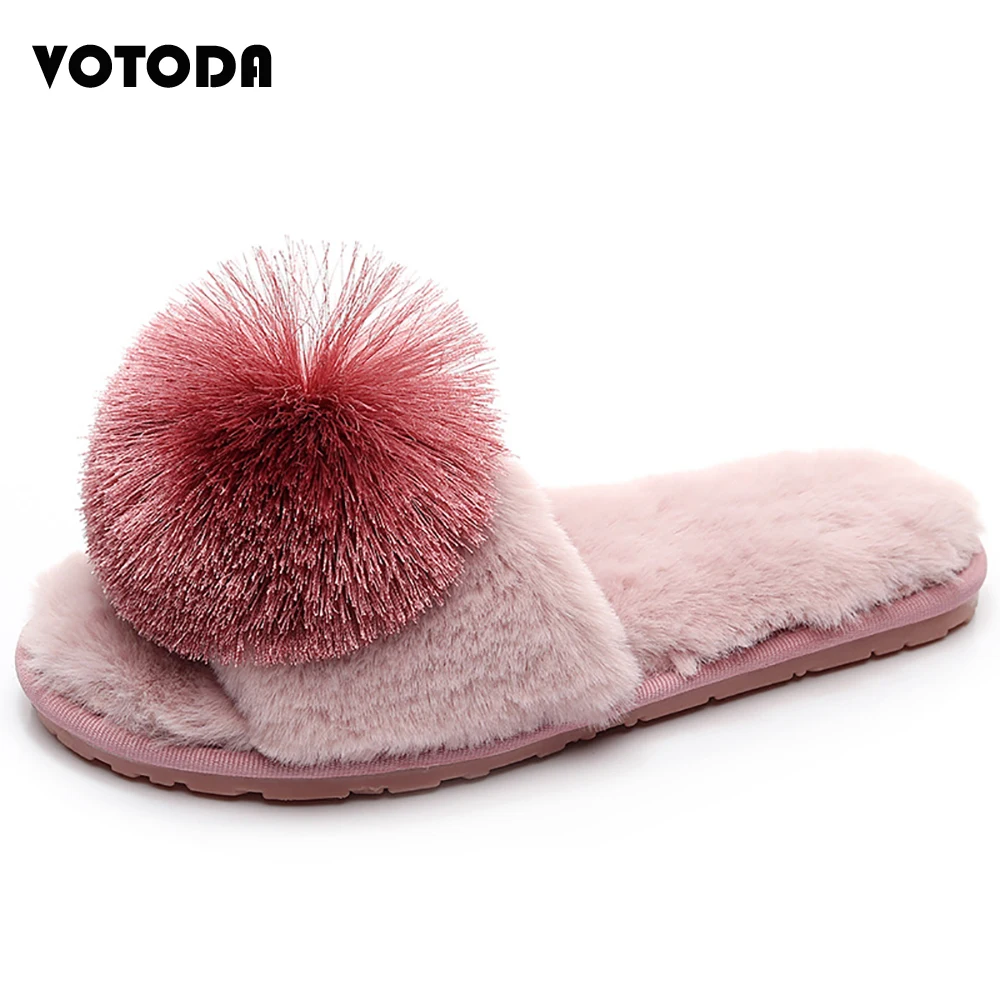 

New Winter Women House Slippers Faux Fur Open Toe Hairball Flat Ladies Flip Flops Warm Comfortable Non-Slip Furry Indoor Shoes