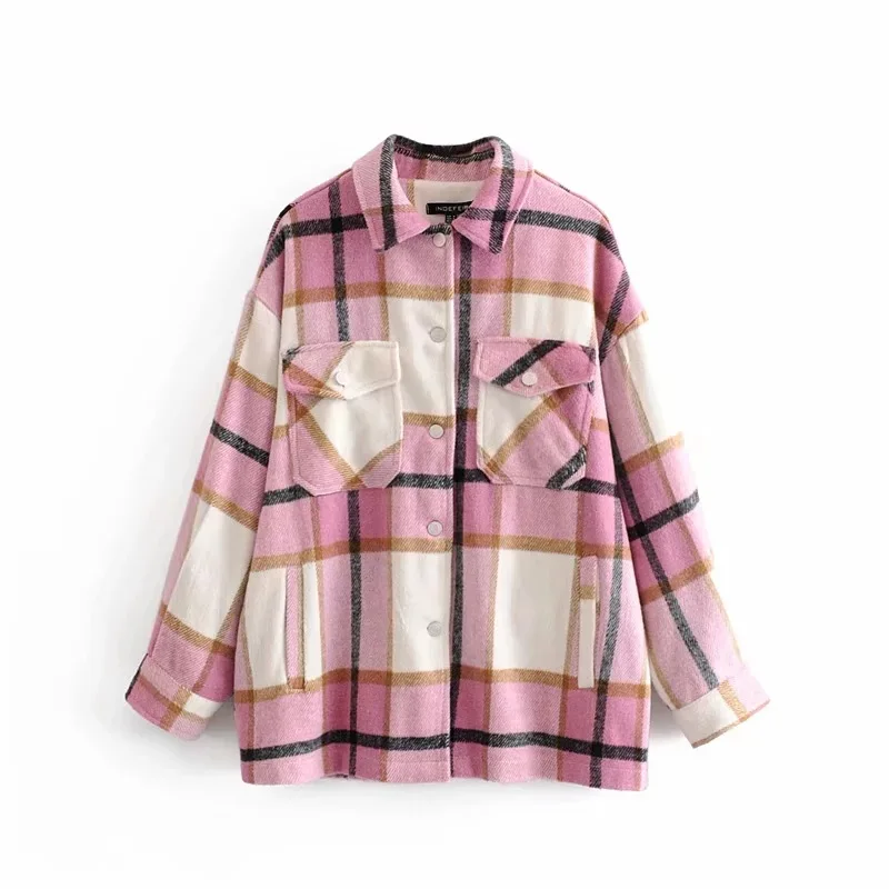 

Vintage Stylish Pockets Plaid Jacket Coat Women Mixcolor Soft Sleeve Loose Outerwear Comfy Casual Ladies Classic Tops Whosale