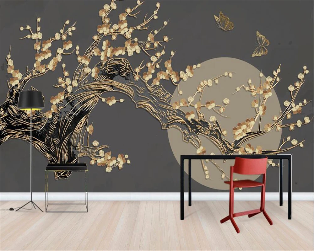 Пользовательские обои фрески в китайском стиле цветение сливы яркая луна