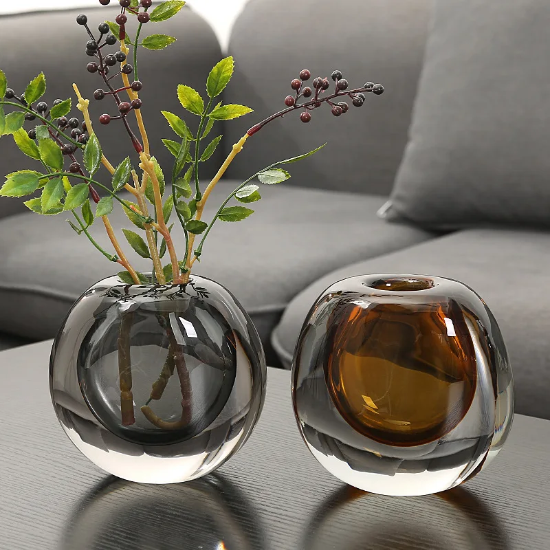 

European Transparent Glass Vase Decoration Creative Light Luxury Living Room Coffee Table round Flower Container Home Decoration