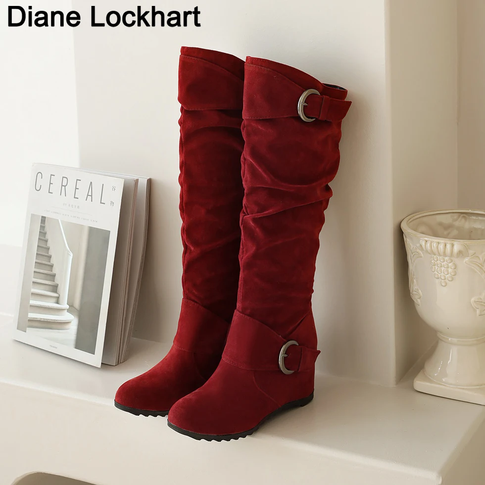 

Retro Women Flock Knee High Boots Winter Women's Round Toe Thigh High Long Boots Ladies Slip On Increase Female Shoes Plus Size