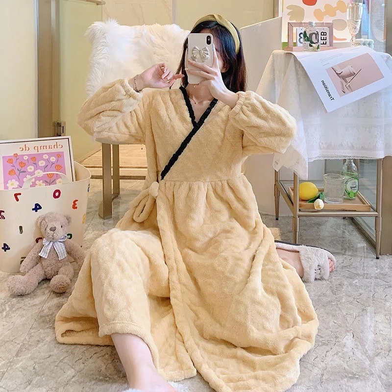 Pajamas Women's Autumn and Winter Double-sided Thickened Coral Velvet Lace Up Long Nightgown Princess Bathrobe Home Clothes
