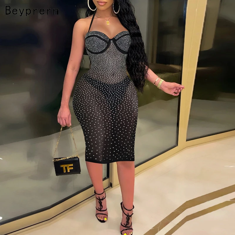 Красивое Прозрачное Сетчатое платье Beyprern с кристаллами сексуальное лямкой на