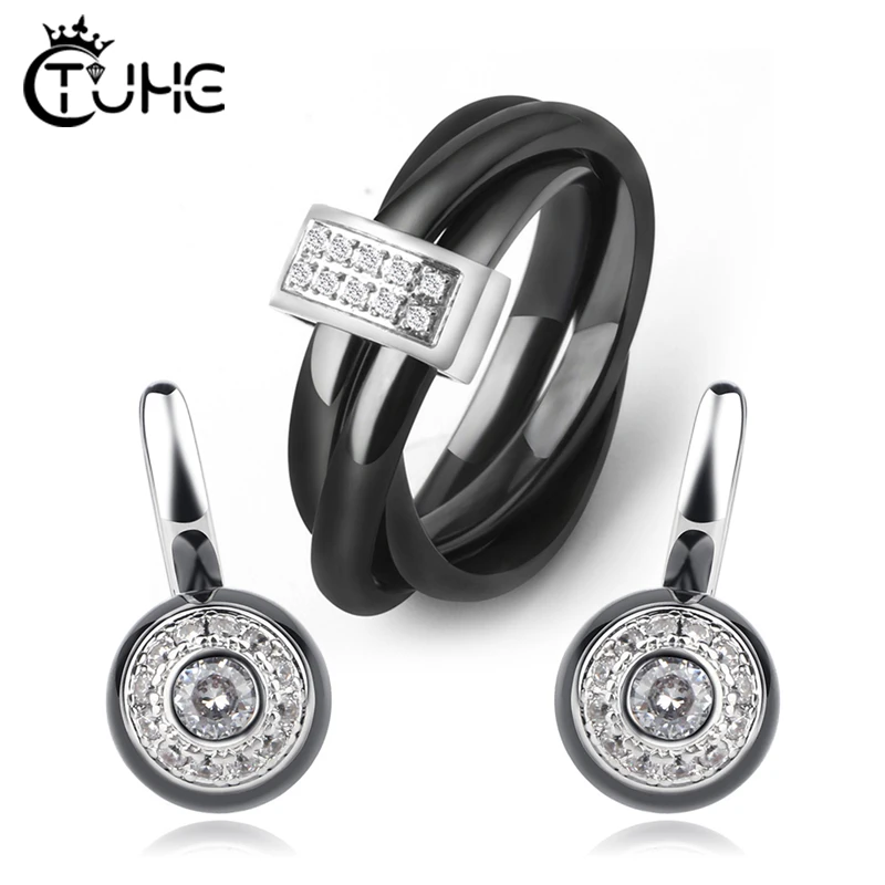 Женский набор украшений три кольца в одном серьги гвоздики свадебных черный