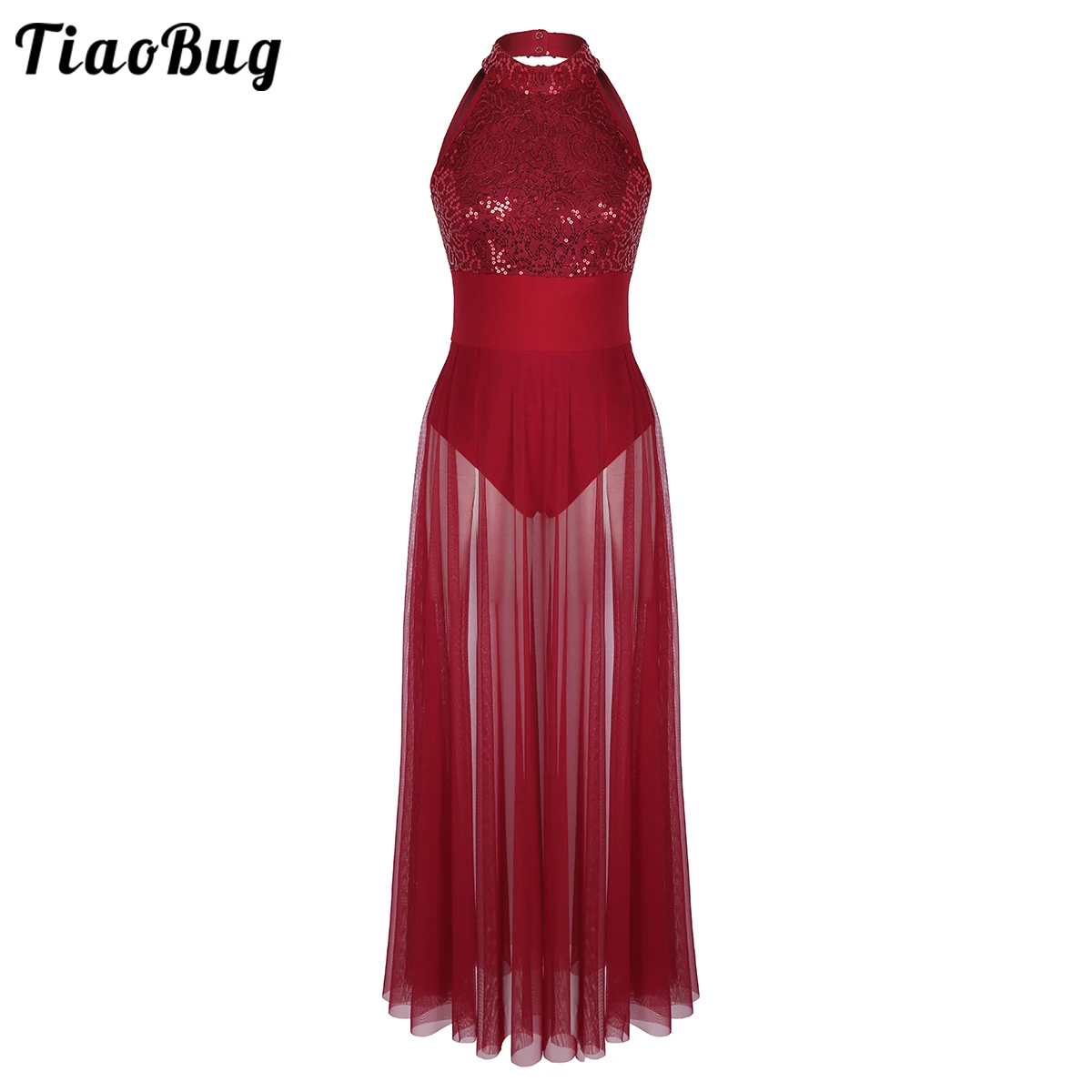 

TiaoBug Women Adult Sleeveless Halter Sequined Mesh Maxi Ballet Dance Stage Performance Dress With Built-In Leotard