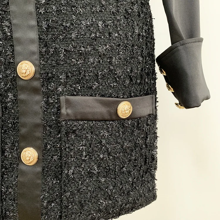 

HIGH QUALITY Fashion Designer Dress Long sleeve Single-breasted Office Lady Elegant Tweed Patchwork Slim Dresses White Black