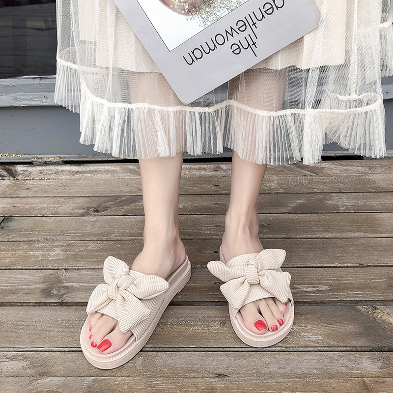 

Slippers Casual Low Shoes Butterfly-Knot Flock Slides Slipers Women Platform Luxury Soft 2021 Summer Flat Leisure Butterfly-knot